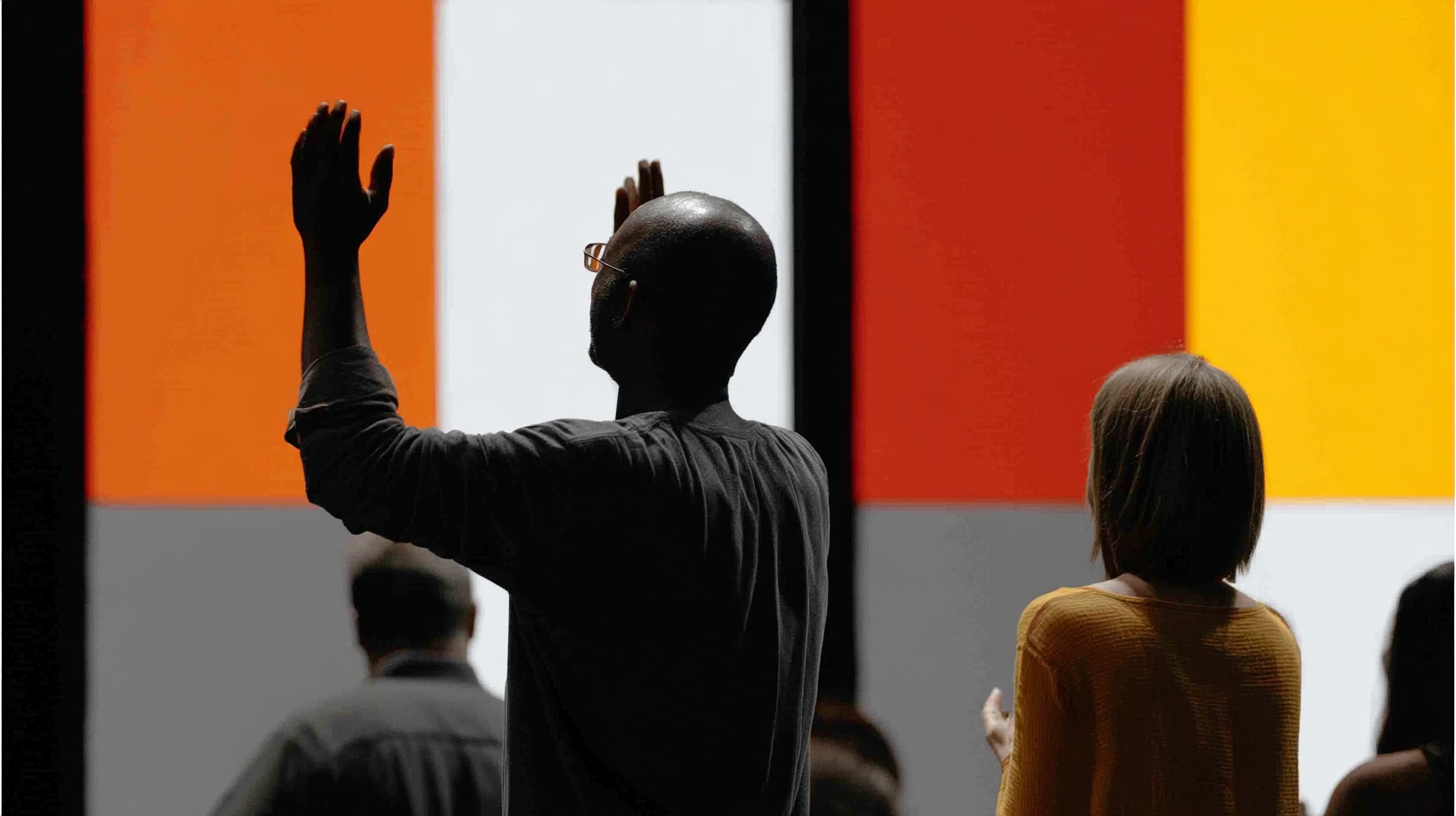 People worshipping in a modern church setting, with vibrant colored backgrounds, highlighting community engagement and spiritual connection.