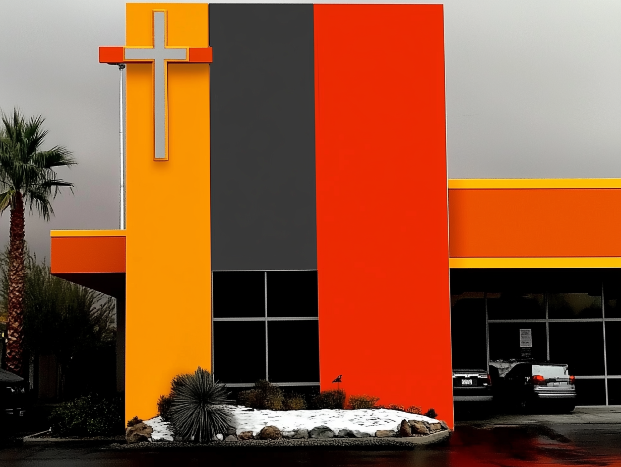 Colorful church building exterior with a prominent cross, showcasing vibrant orange, yellow, and gray panels, surrounded by palm trees and landscaping, reflecting Multiply's mission to empower local churches.