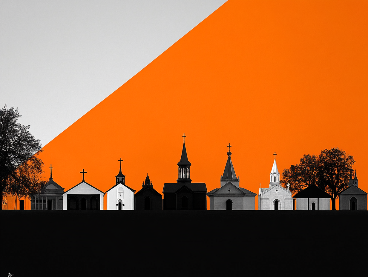 Church silhouettes against an orange backdrop, symbolizing the vision of Multiply to establish churches in under-resourced areas globally.