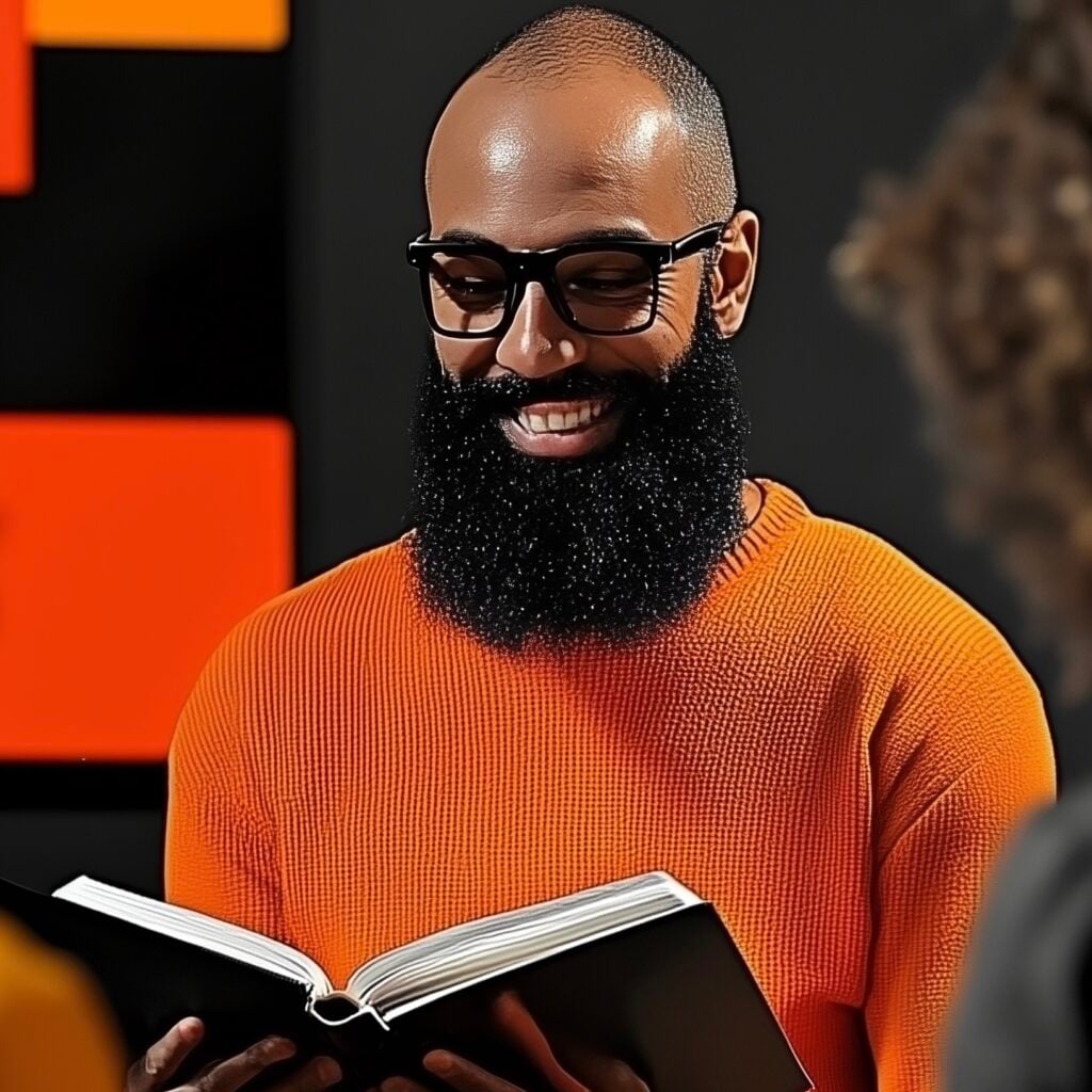 Smiling man in an orange sweater reading a book, reflecting engagement in spiritual growth and community service.