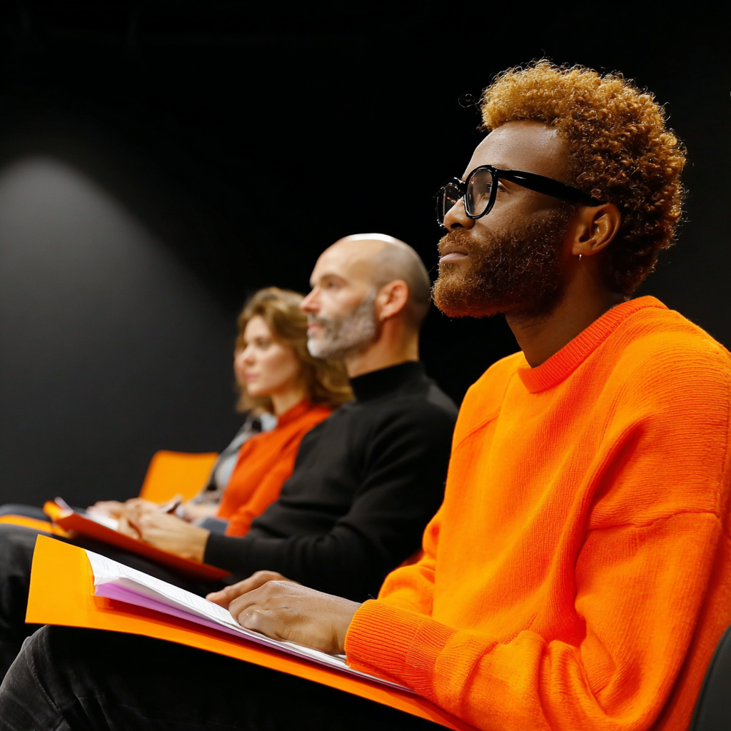Participants engaged in training session for church growth, wearing colorful attire, focusing on learning and development, with folders and notes in hand.