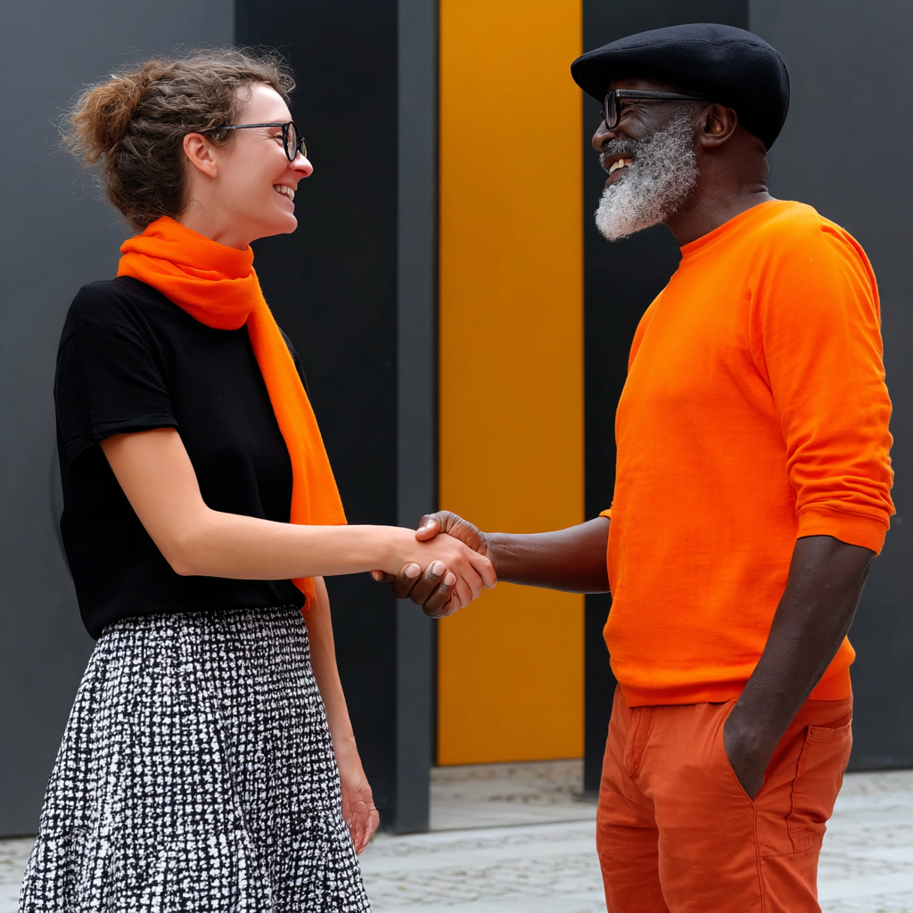 Two people shaking hands and smiling, representing partnership and collaboration in a vibrant urban setting, aligned with Multiply's mission of fostering global church partnerships and mutual support.