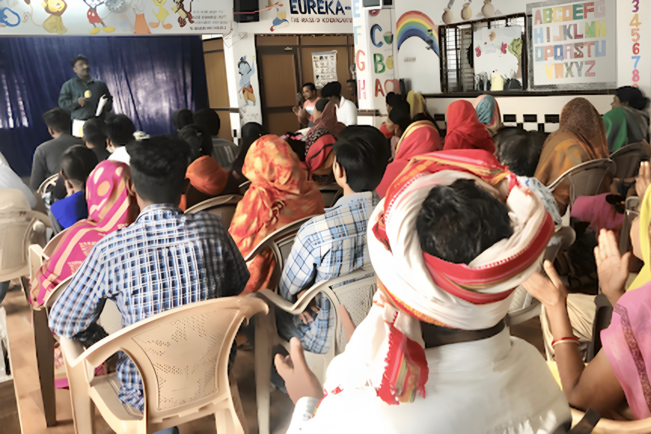 Pastor speaking to a diverse audience in a community gathering, emphasizing leadership development and empowerment in a colorful, educational setting.