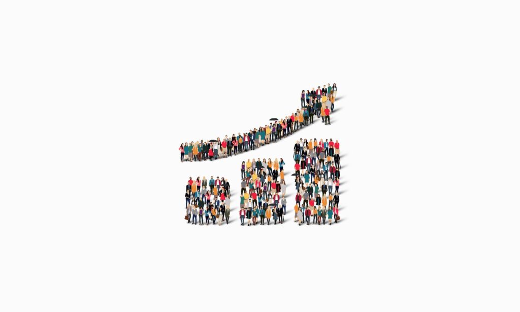 Upward trending chart icon formed from many small figures