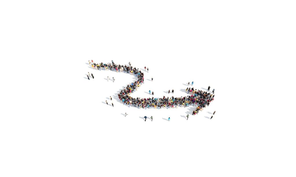 Curving path icon formed from many small figures