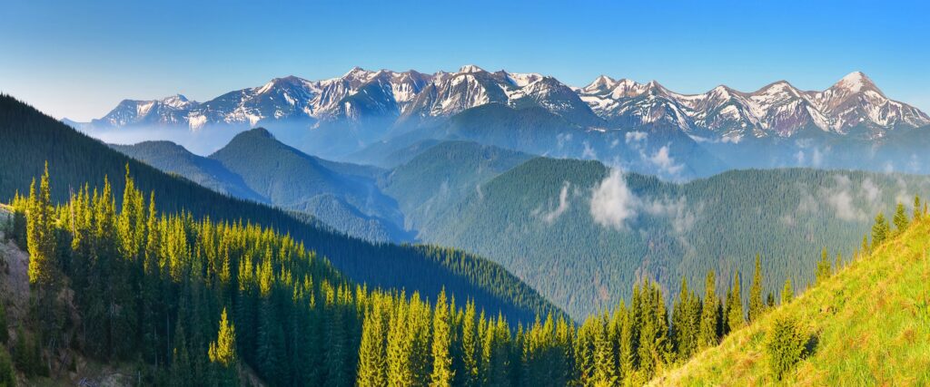 Mountain range with forested slopes