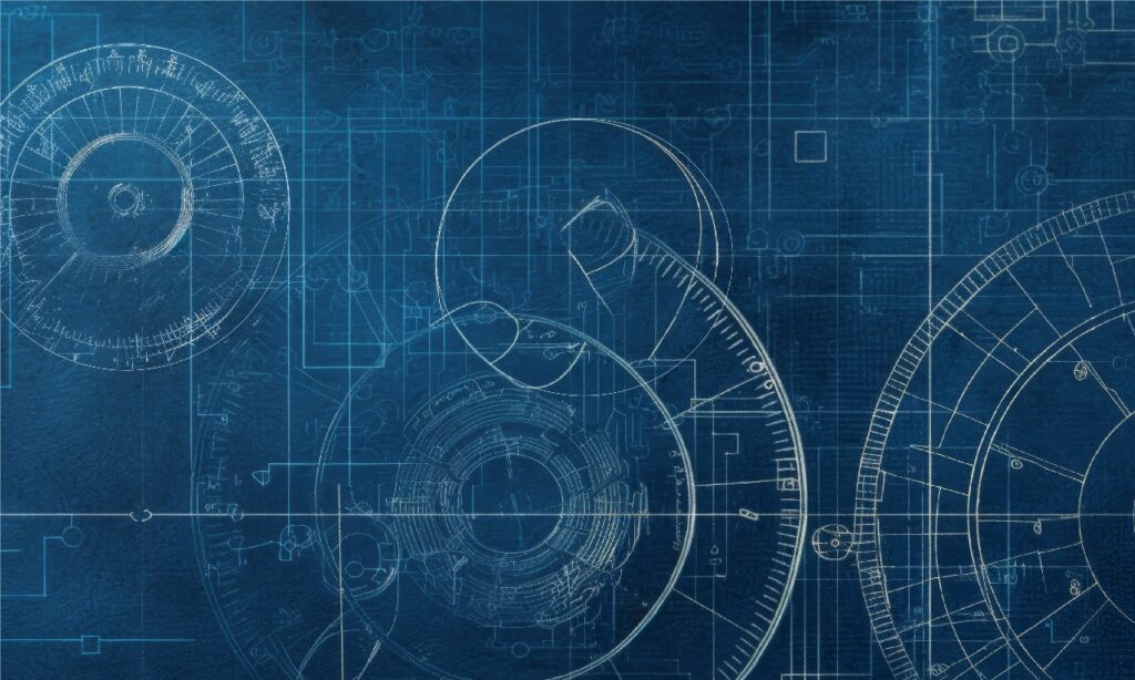 Blue technical schematic background with abstract shapes