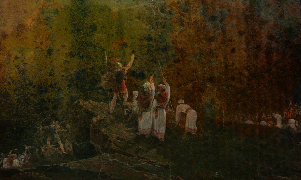 Dark abstract painting with figures in landscape