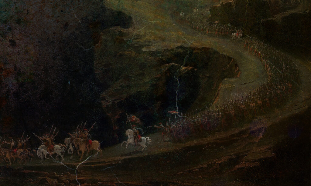Dark abstract painting with figures in landscape