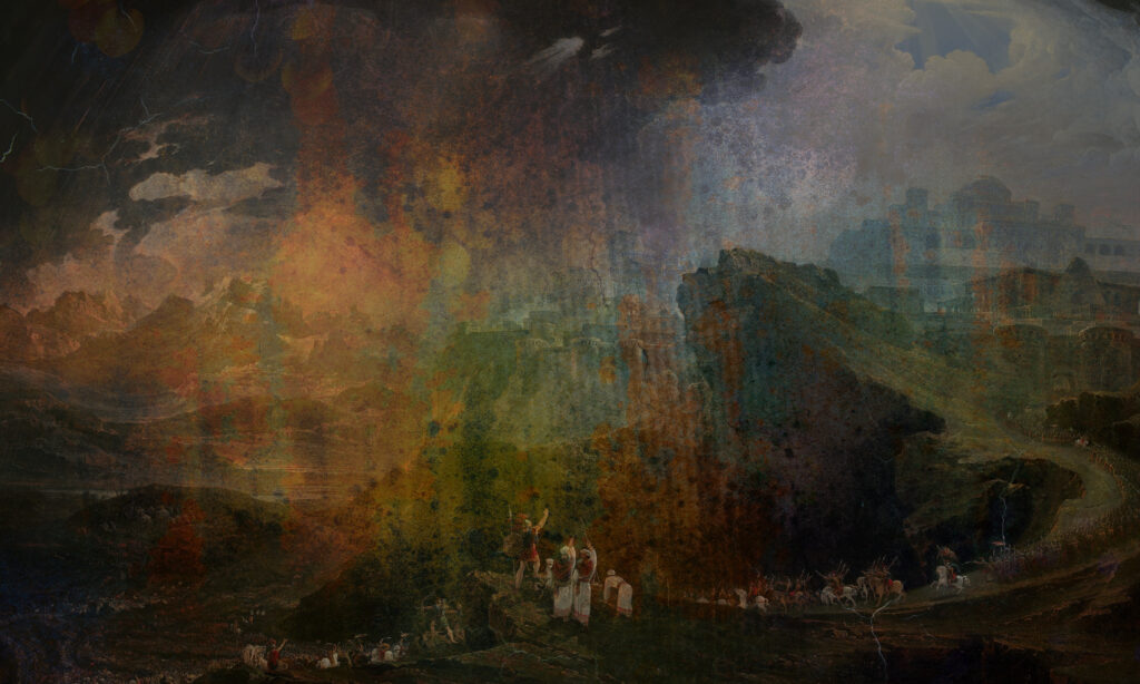 Dark abstract painting with figures in landscape