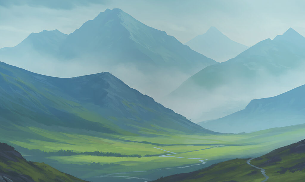 Green illustrated mountain landscape