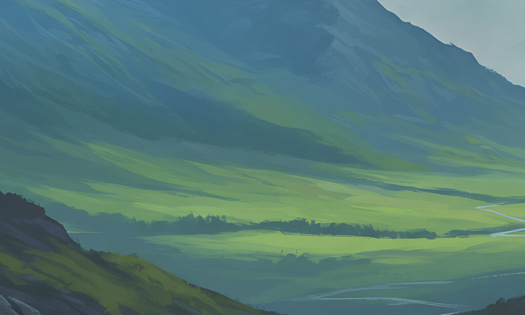 Green illustrated valley and hills labeled &ldquo;Joshua&rdquo;