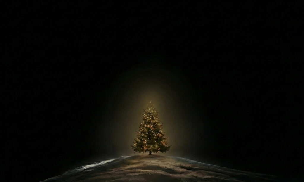 Small lit tree on dark background
