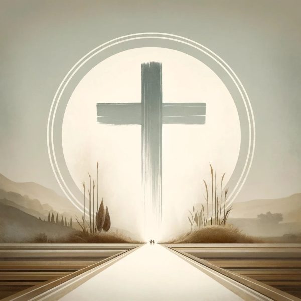 Illustration of glowing cross in a doorway