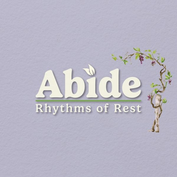 Purple graphic reading “Abide – Rhythms of Rest” with floral accents