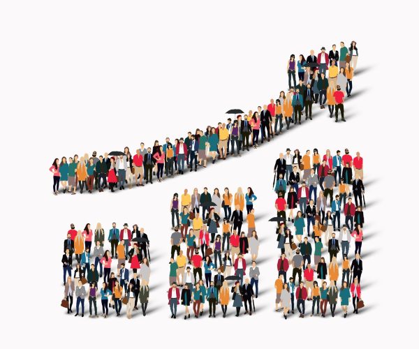 Crowd of diverse people forming an upward arrow symbolizing church growth and community unity in leadership and mission.