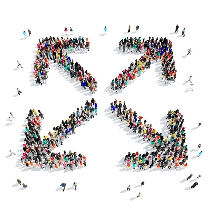 Crowd of diverse people forming arrows pointing outward, symbolizing the spread of the Gospel and community engagement during challenging times.