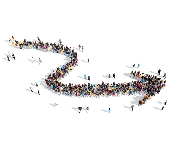 Crowd of diverse people forming a winding path, symbolizing the journey of faith and leadership in the context of church multiplication and service.