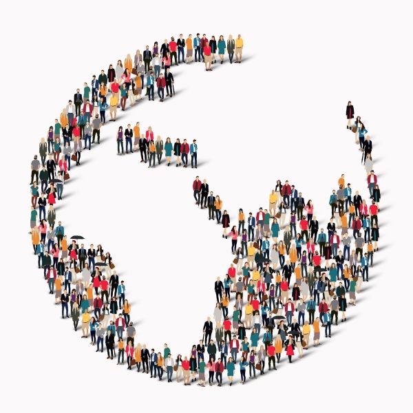 Diverse group of people forming a globe shape, symbolizing community engagement and global impact in church growth and mentorship.