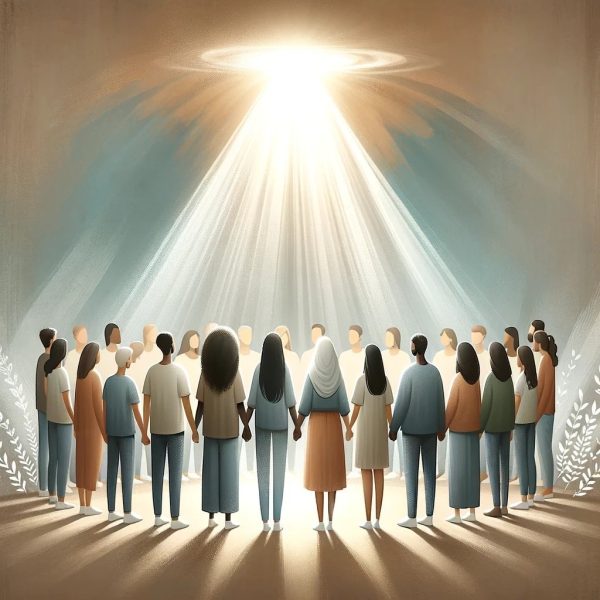 Illustration of people standing beneath a beam of light