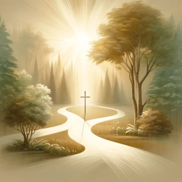 Illustration of cross at the end of a winding path