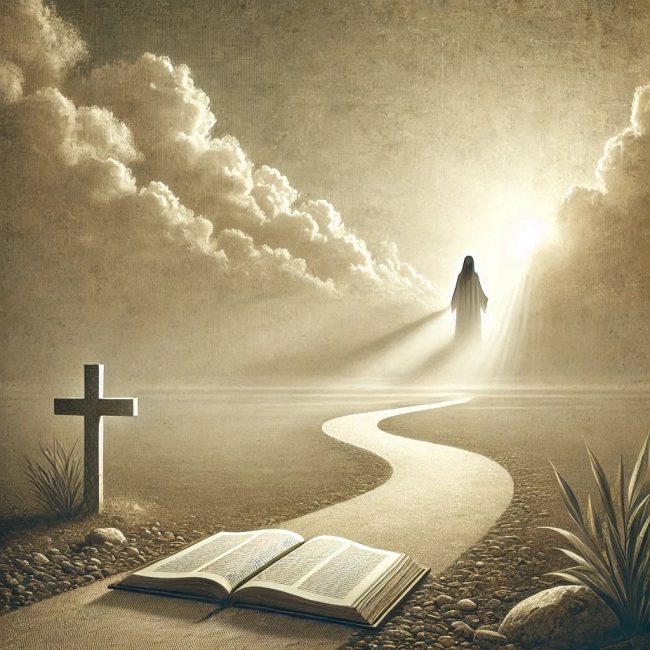 Illustration of cross rising from clouds