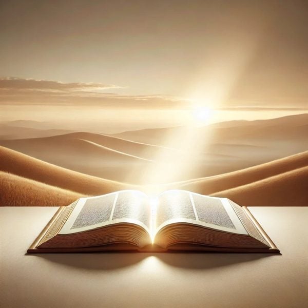 Illustration of open Bible glowing with light