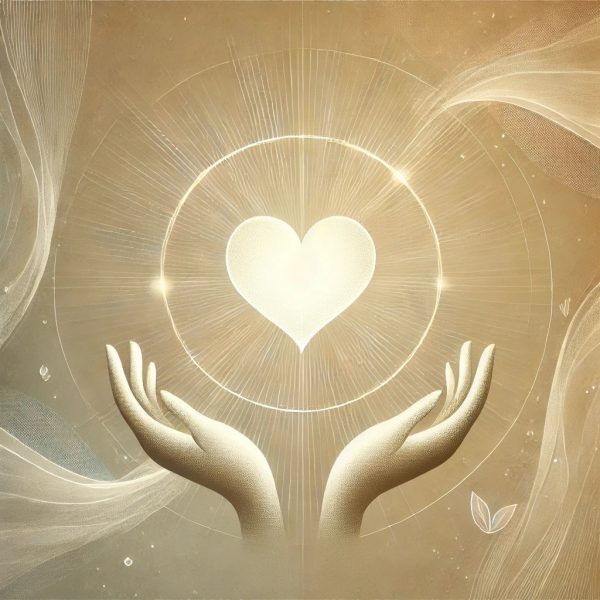 Hands holding a glowing heart symbol