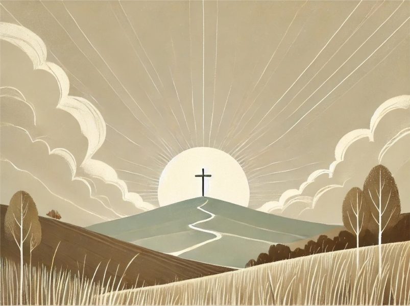 Illustration of cross on a hill with rays of light