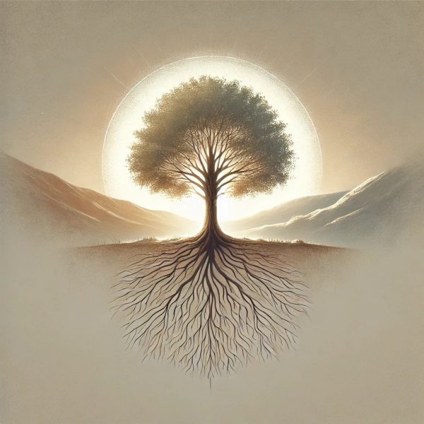 Illustration of tree with radiant light behind it