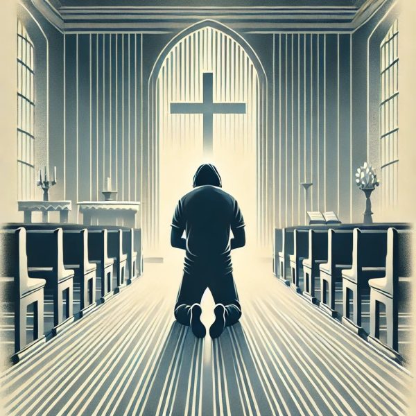 Illustration of church interior with cross at altar