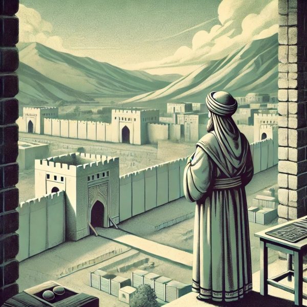 Illustration of person standing on city wall overlooking landscape