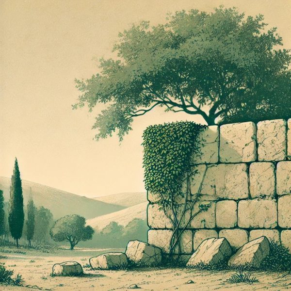 Illustration of tree growing beside stone wall