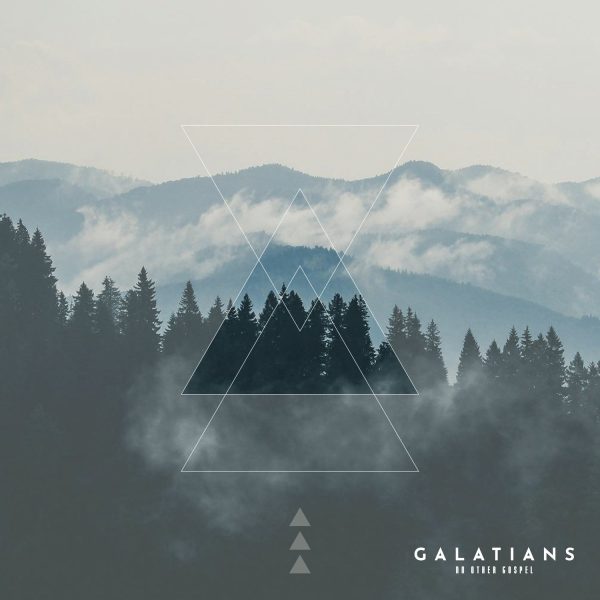 Abstract graphic design featuring layered geometric shapes over a misty mountain landscape, symbolizing the message of grace in the context of the Galatians' struggle with the gospel.