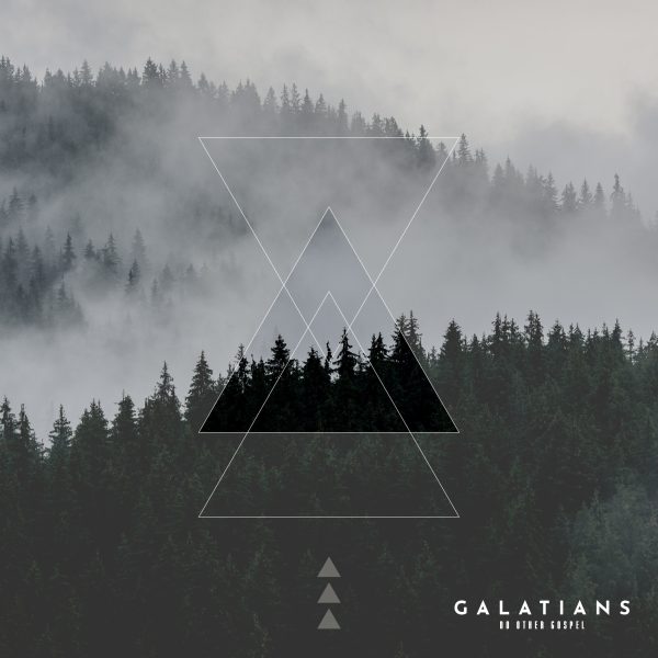Foggy evergreen forest with geometric triangle overlay