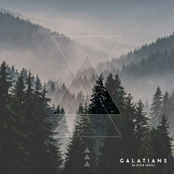 Abstract geometric design overlaying misty forest landscape, symbolizing faith and transformation in the context of Galatians and the gospel message.