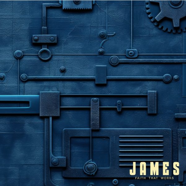 Abstract blue background with mechanical elements and the text "JAMES FAITH THAT WORKS," symbolizing stewardship and God's providence in life.