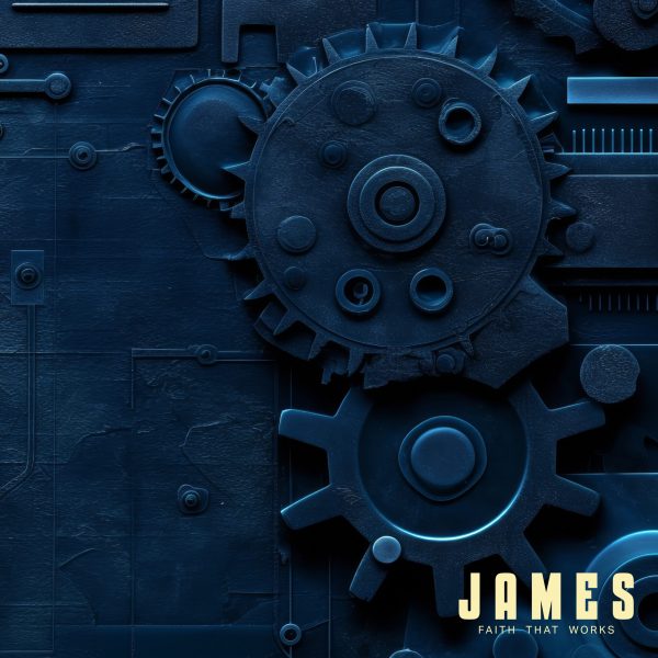 Gears and machinery background with the text "JAMES" and "FAITH THAT WORKS," symbolizing patience and spiritual growth in a Christian context.