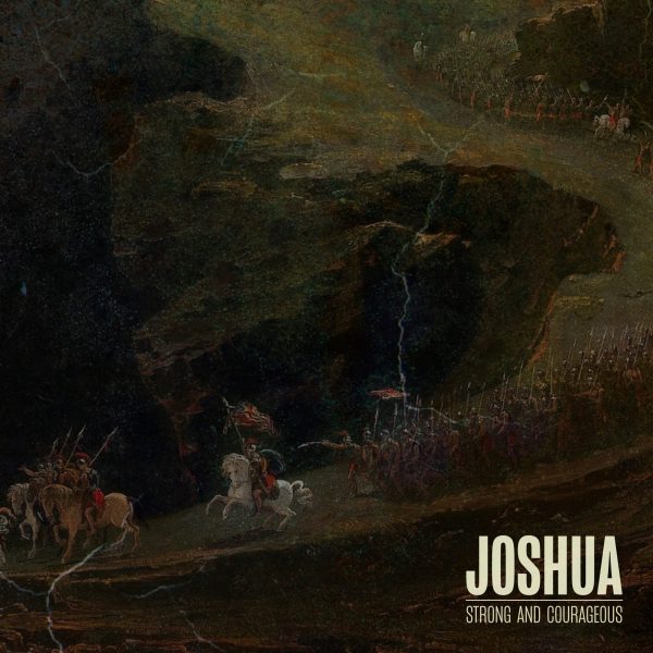 Dark abstract painting with figures in landscape labeled “Joshua”