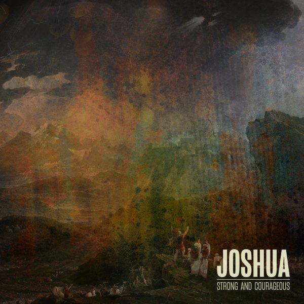 Dark abstract painting with figures in landscape labeled “Joshua”