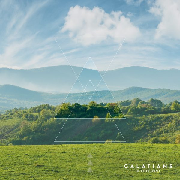 Landscape of rolling hills and mountains under a blue sky with clouds, featuring geometric overlays and the word "GALATIANS" in the bottom right corner, symbolizing faith and spiritual growth in the context of grace and identity in Christ.