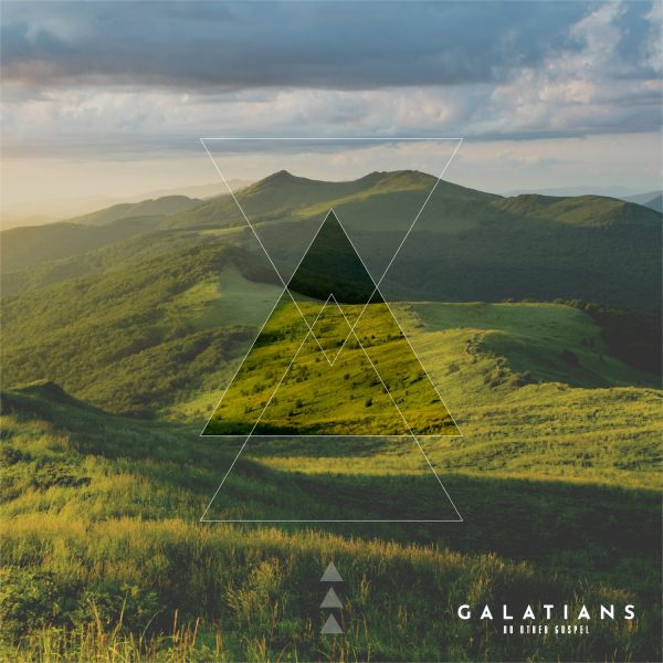Mountain landscape with layered geometric shapes, symbolizing the freedom in faith from the Law as discussed in Galatians, emphasizing spiritual growth and connection to God.