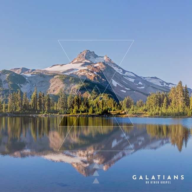 Mountain landscape reflecting in a serene lake, symbolizing freedom and grace, with overlay text "GALATIANS" connected to themes of spiritual growth and unity in faith.