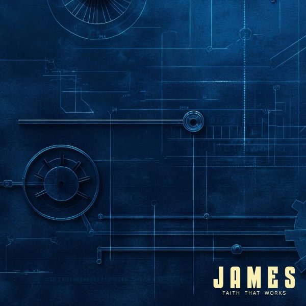 Abstract blue background with engineering diagrams and gears, featuring the word "JAMES" and the phrase "FAITH THAT WORKS," symbolizing the connection between wisdom and speech in the context of biblical teachings.
