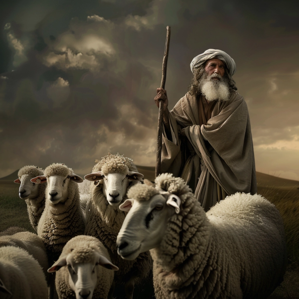 Biblical illustration of shepherd figures in a crowd