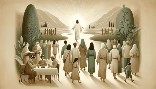 Illustration of group walking toward bright light