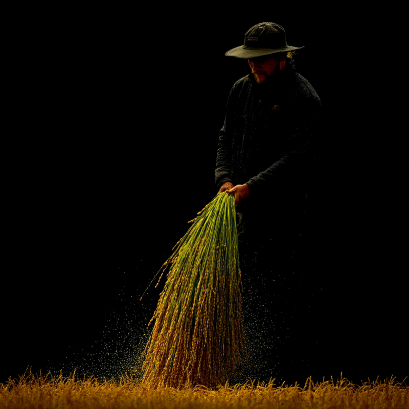 Man harvesting rice, surrounded by golden grains, emphasizing agricultural labor and community support.