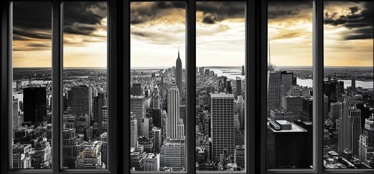 Black and white city skyline viewed through windows
