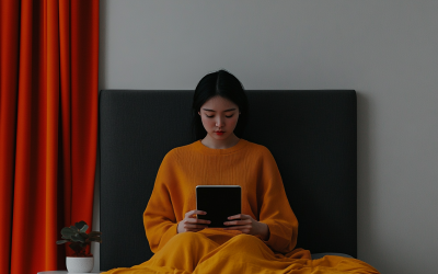 Person in a yellow sweater reading an iPad while seated on a bed, surrounded by warm-colored curtains, reflecting a moment of contemplation and connection.