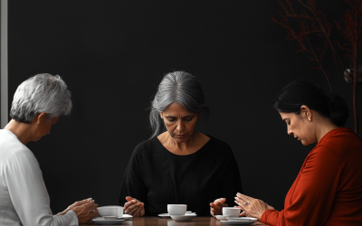 Three women in their 50s praying together at a table, with cups in front of them, symbolizing community prayer and spiritual connection.